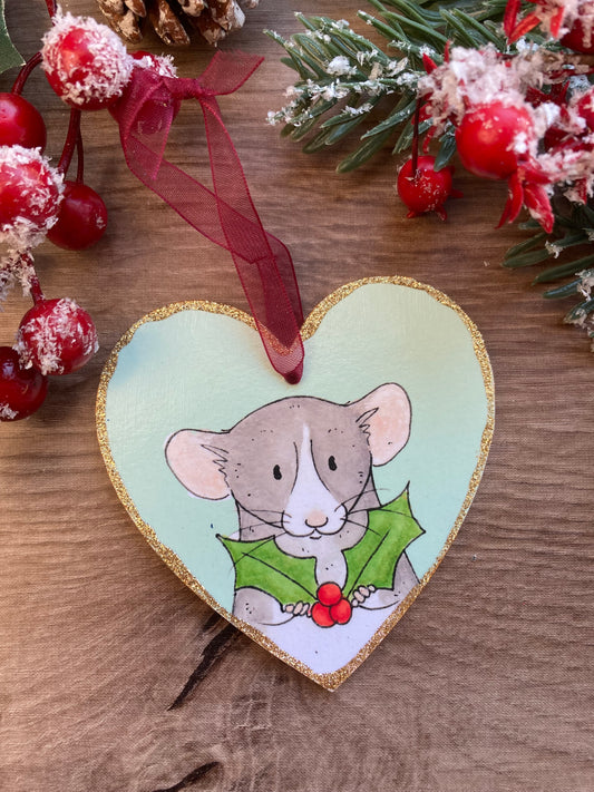 Holly Rat Christmas Tree Decoration - Cute Rat Heart Hanging Tree Ornament - Pet Rat Wooden Heart Tree Ornament