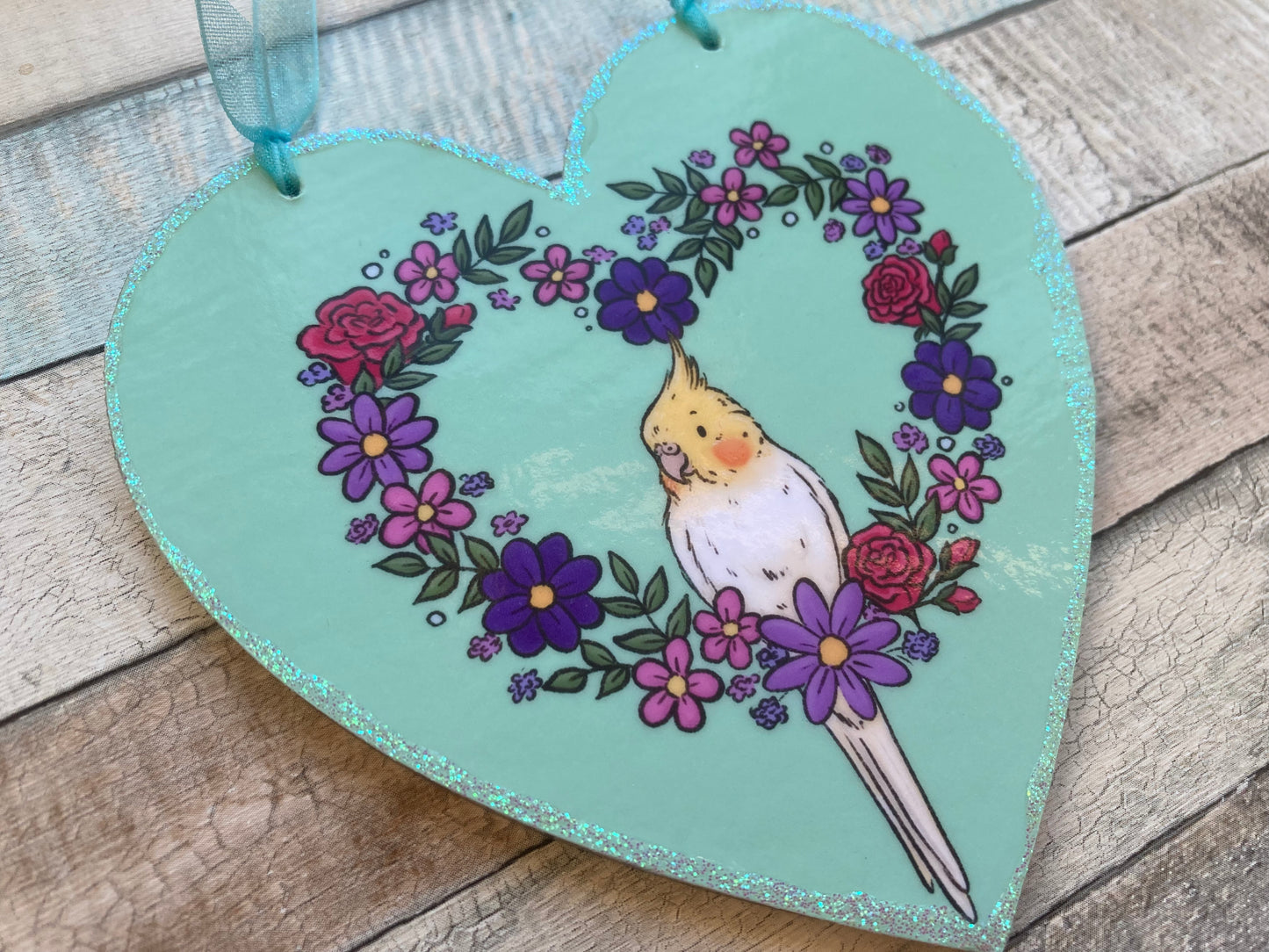 Blossom Cockatiel | Cute Cockatiel Hanging Heart Decoration | Cockatiel Valentines Day Gift
