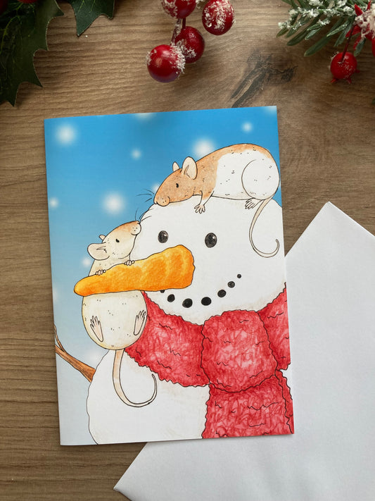 Snow Rats A6 Christmas Card, Blank Greeting Card, Snowman Xmas Card, Pet Rat Gift