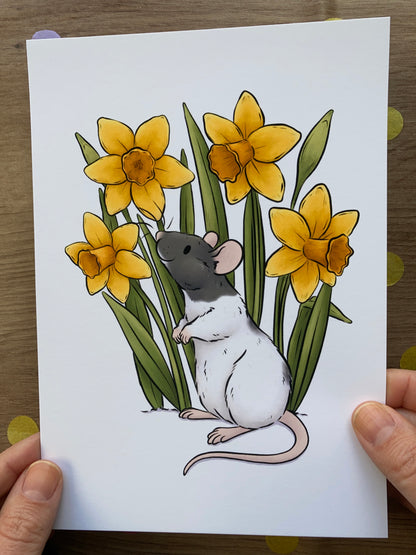 Daffodil Rat Art Print | Flower Rat Wall Art