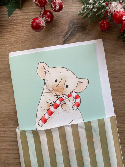 Candy Cane Rat A6 Christmas Card - Blank Pet Rat Greeting Card - Dumbo Rat Christmas Gift