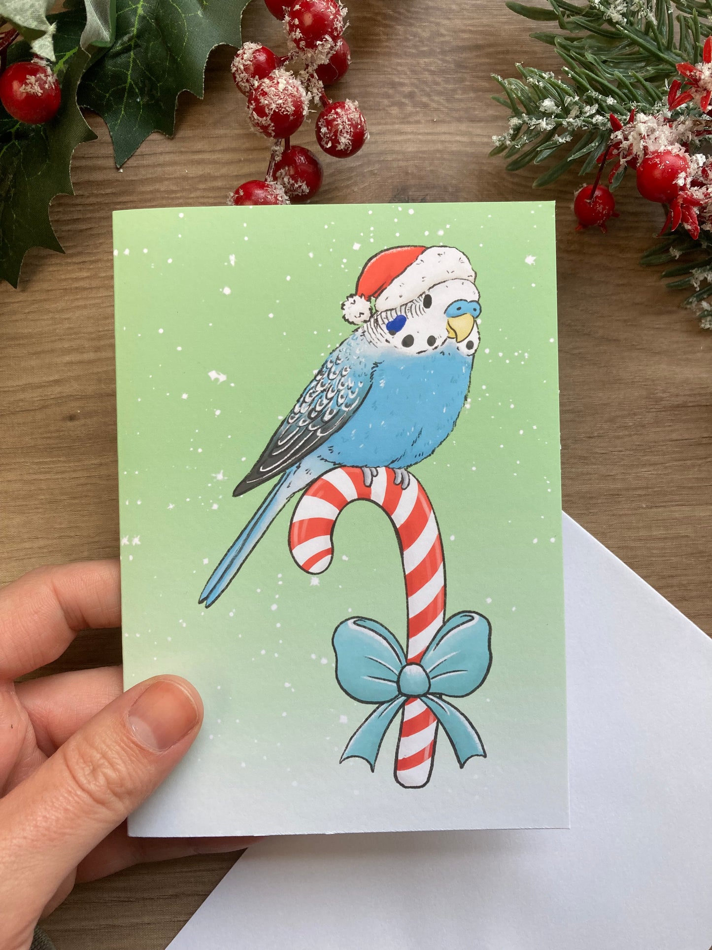 Candy Cane Budgie A6 Christmas Card - Blank Budgie Greeting Card - Christmas Budgerigar Gift Card