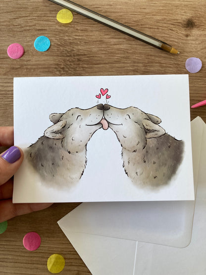 Wolf Kisses | Cute Wolf Couple Blank Greeting Card | Grey Wolf Love Gift