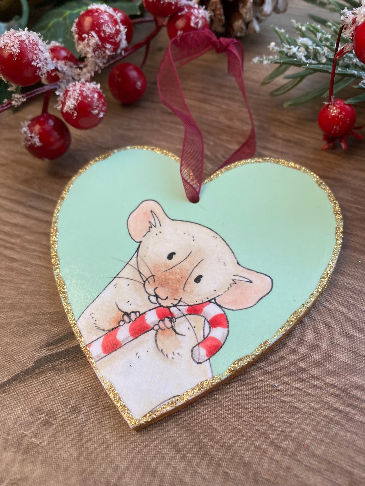 Candy Cane Heart Christmas Tree Decoration - Hanging Heart Rat Decoration - Cute Rat Hanging Christmas Tree Decoration