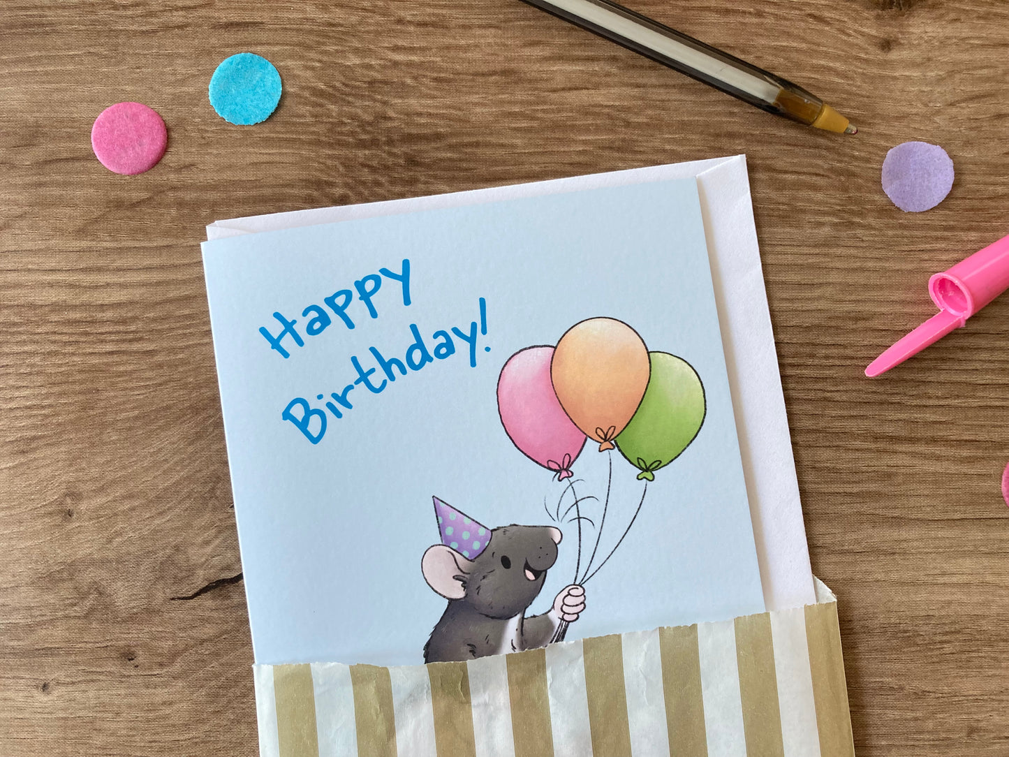 Ratty Birthday Balloons | Cute Hooded Rat Birthday Card | Rat Birthday Celebration