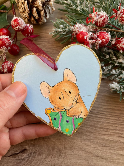 Cookie Rat Wooden Heart Christmas Tree Decoration - Cute Pet Rat Hanging Christmas Tree Ornament - Cute Rat Cristmas Gift