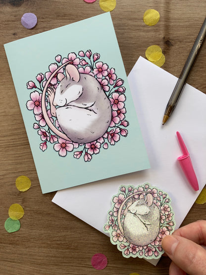 Cherry Blossom Rat Card and Sticker Bundle | Cute Rat Greeting Card And Matching Vinyl Rat Sticker