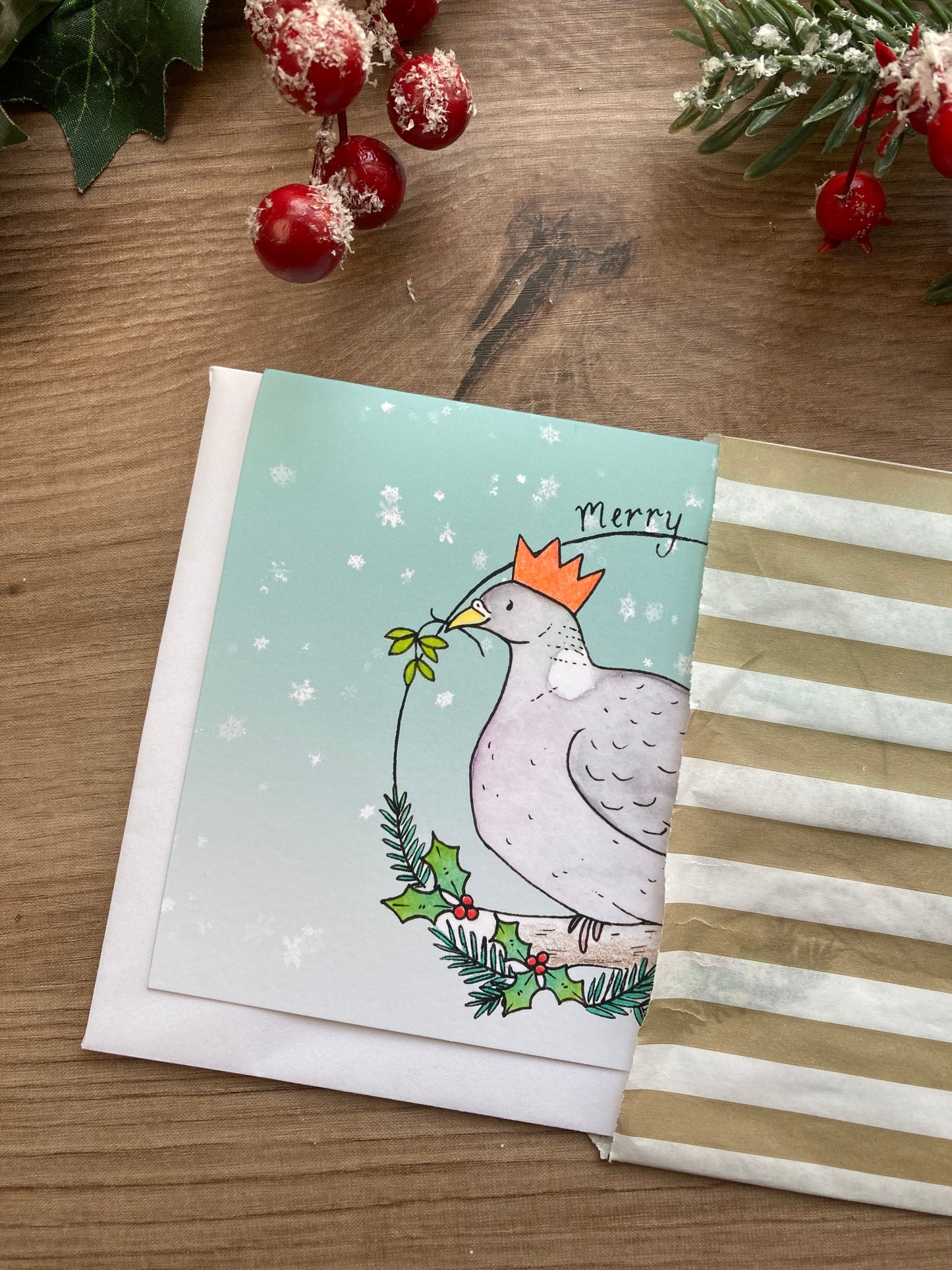Festive pigeon A6 christmas card, white envelope, cute bird holiday card, blank christmas gift card