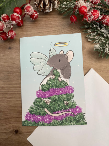 Angel Rat A6 Christmas Card - Blank Hooded Rat Christmas Card - Fancy Rat Greeting Card