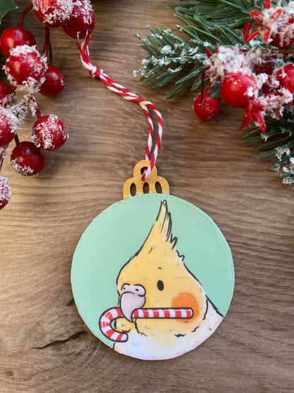 Candy Cane Thief | Cute Cockatiel Christmas Tree Bauble