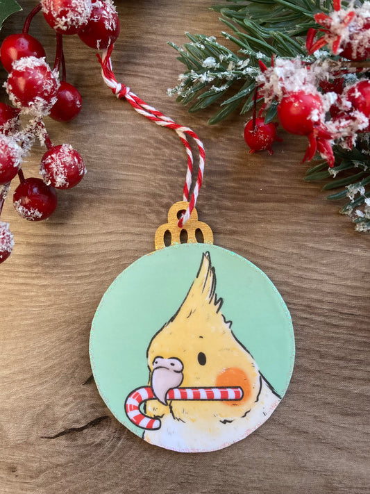 Candy Cane Thief | Cute Cockatiel Christmas Tree Bauble