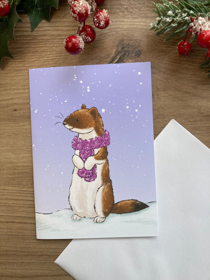 Christmas Stoat A6 Greeting Card - Blank Stoat Christmas Card - Wildlife Christmas Card