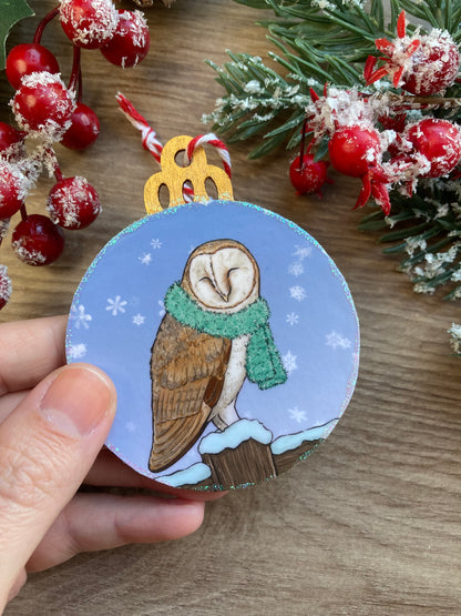 Snowy Barn Owl | Cute Winter Owl Christmas Tree Bauble