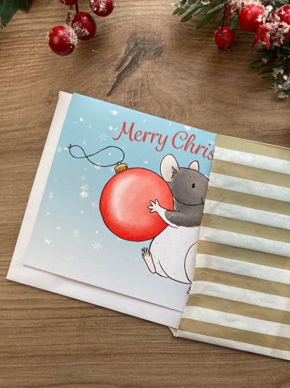 Bauble Thief Cute Rat A6 Christmas Card, Fun Festive Pet Fancy Rat Greeting Card