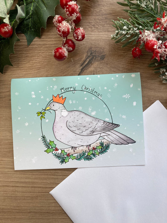 Festive pigeon A6 christmas card, white envelope, cute bird holiday card, blank christmas gift card