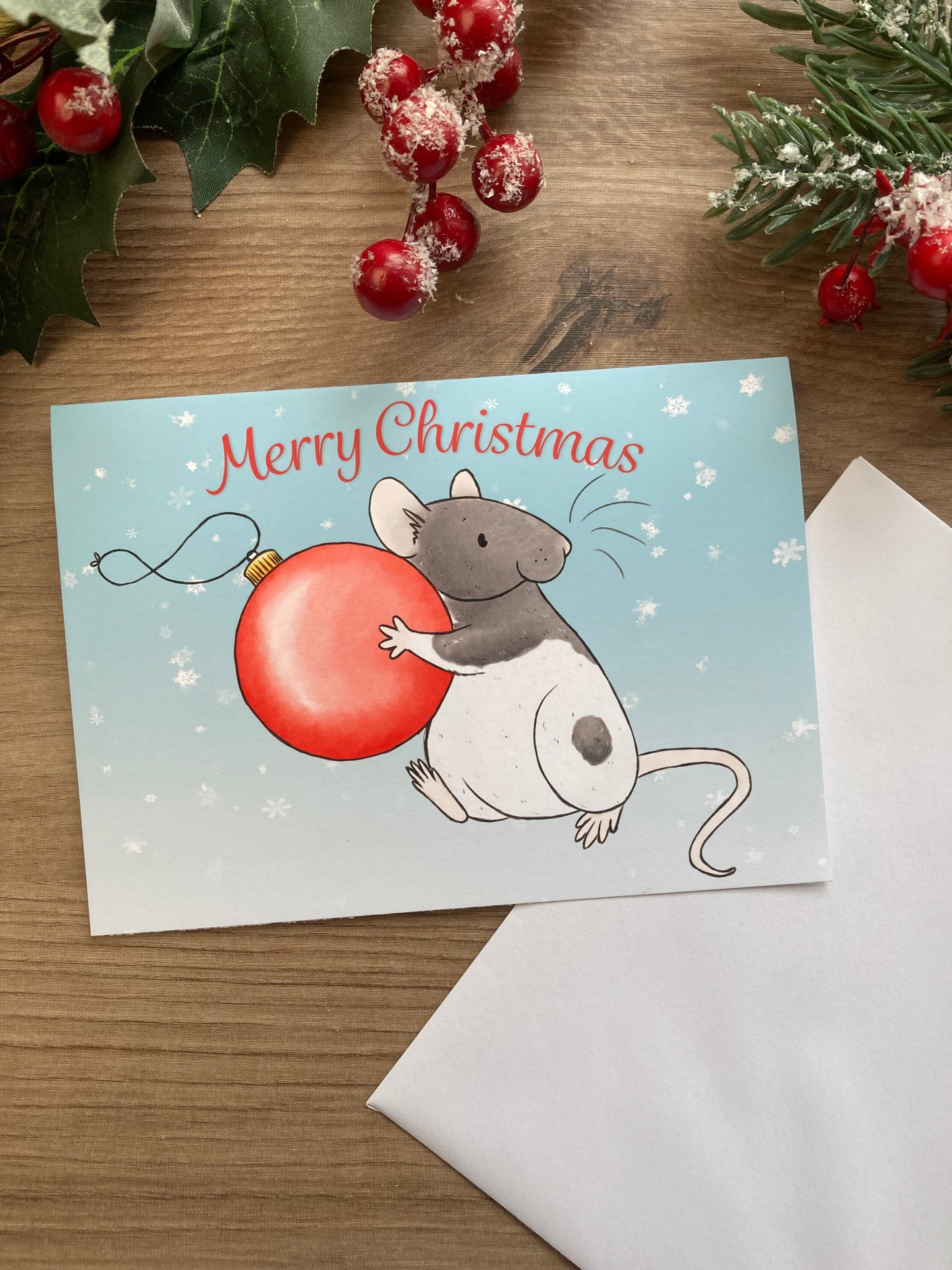 Bauble Thief Cute Rat A6 Christmas Card, Fun Festive Pet Fancy Rat Greeting Card