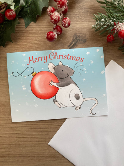 Bauble Thief Cute Rat A6 Christmas Card, Fun Festive Pet Fancy Rat Greeting Card
