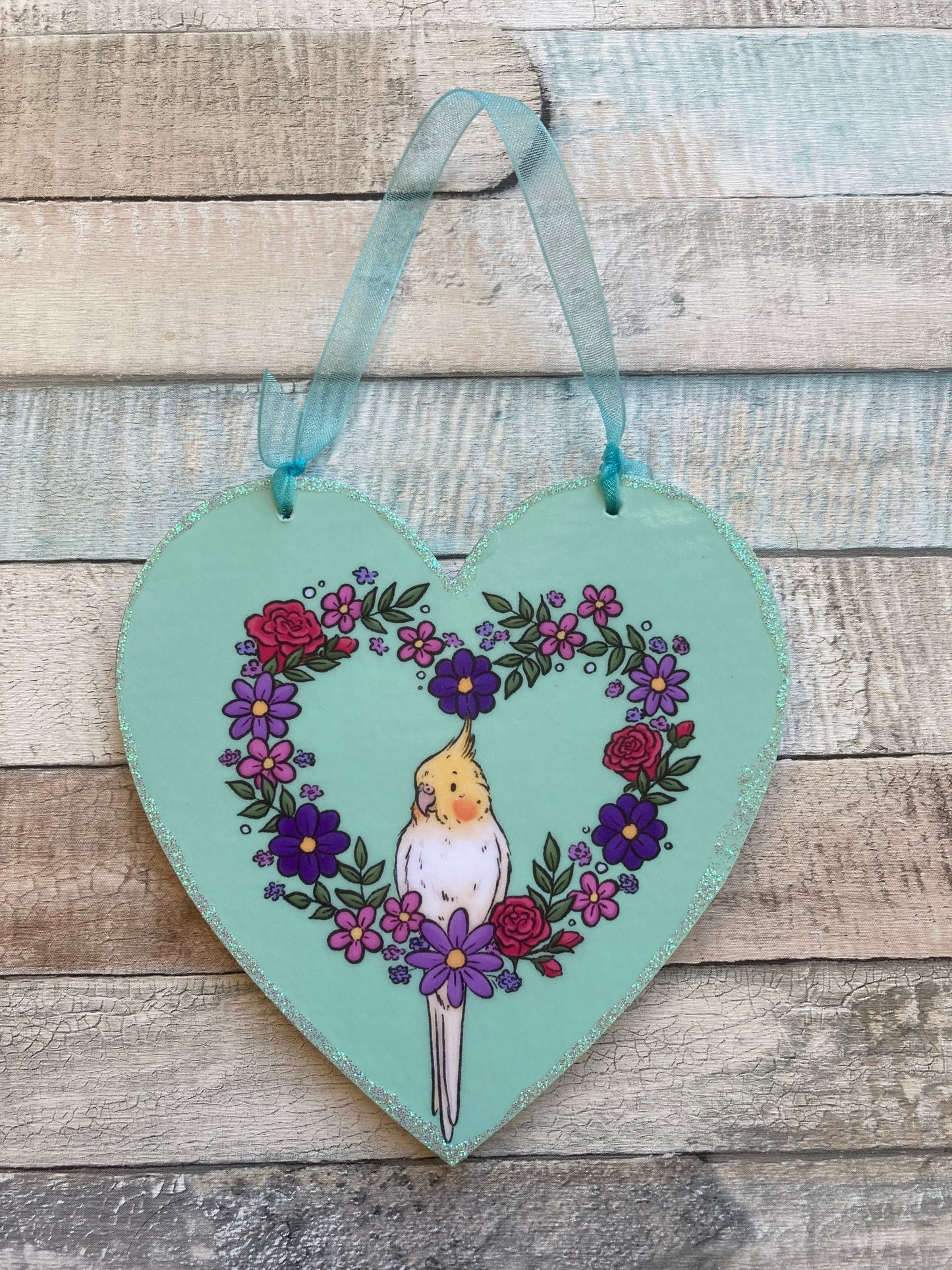 Blossom Cockatiel | Cute Cockatiel Hanging Heart Decoration | Cockatiel Valentines Day Gift
