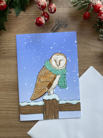 Barn Owl A6 Blank Greeting Card - Cute Owl In The Snow Christmas Card - Blank Winter Wildlife Card
