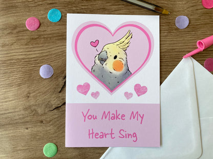 You Make My Heart Sing | Cute Cockatiel Blank Greeting Card | Cockatiel Love Card