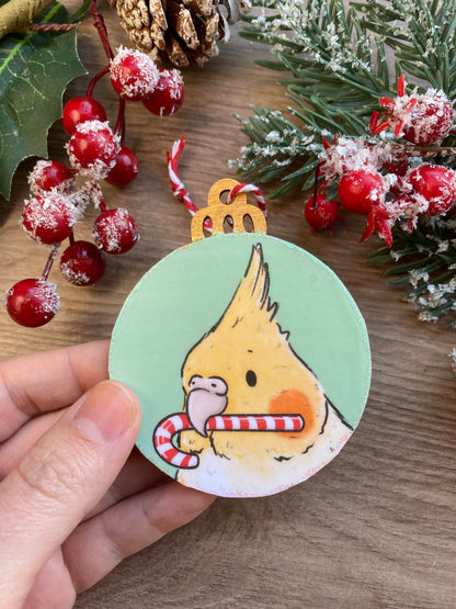 Candy Cane Thief | Cute Cockatiel Christmas Tree Bauble