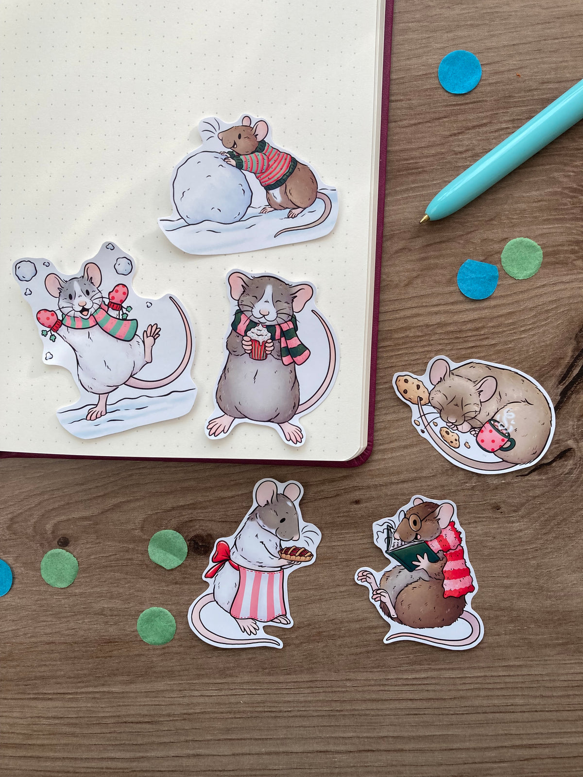 Winter Rats Sticker Pack | Set Of 6 Glossy Paper Stickers | Rat Gift