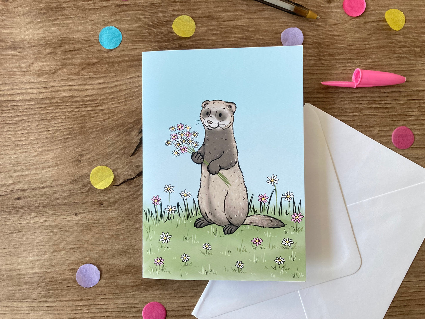 Ferret With Flowers | Cute Ferret Blank Greeting Card | Ferret Gift
