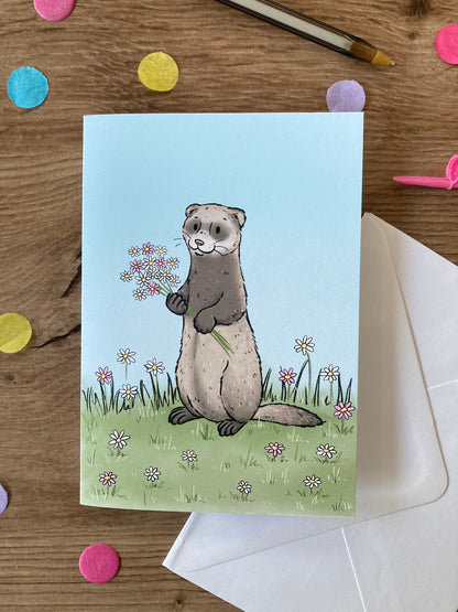 Ferret With Flowers | Cute Ferret Blank Greeting Card | Ferret Gift