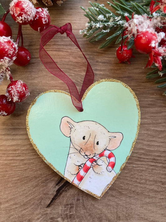 Candy Cane Heart Christmas Tree Decoration - Hanging Heart Rat Decoration - Cute Rat Hanging Christmas Tree Decoration