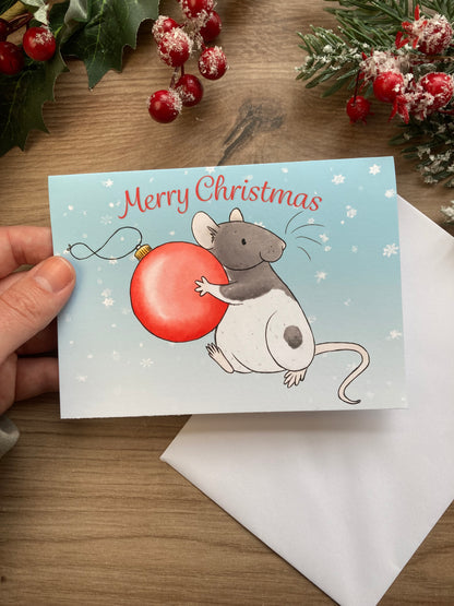 Bauble Thief Cute Rat A6 Christmas Card, Fun Festive Pet Fancy Rat Greeting Card