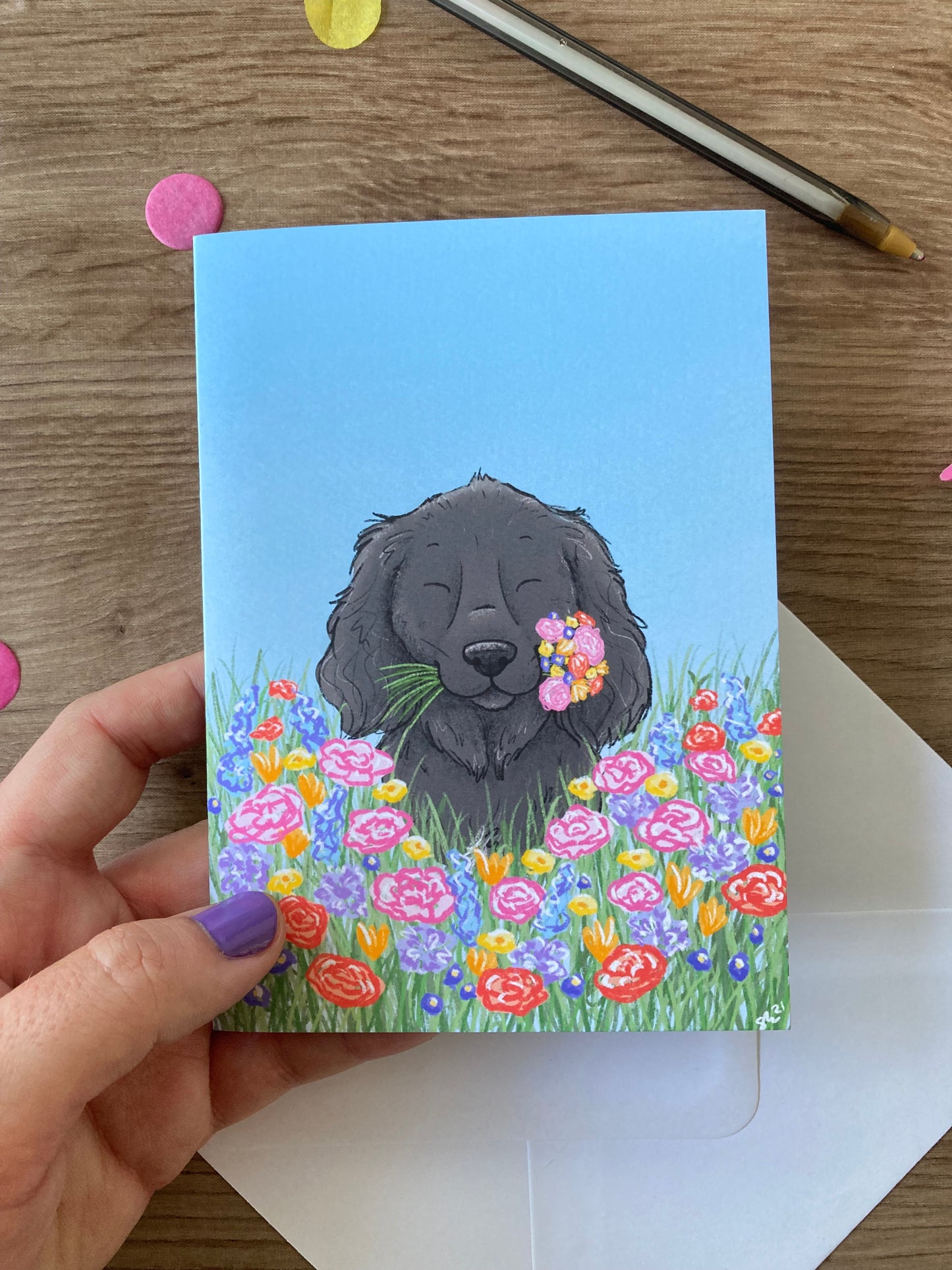 Spring Spaniel | Cute Black Spaniel Blank Greeting Card | Summer Dog Gift