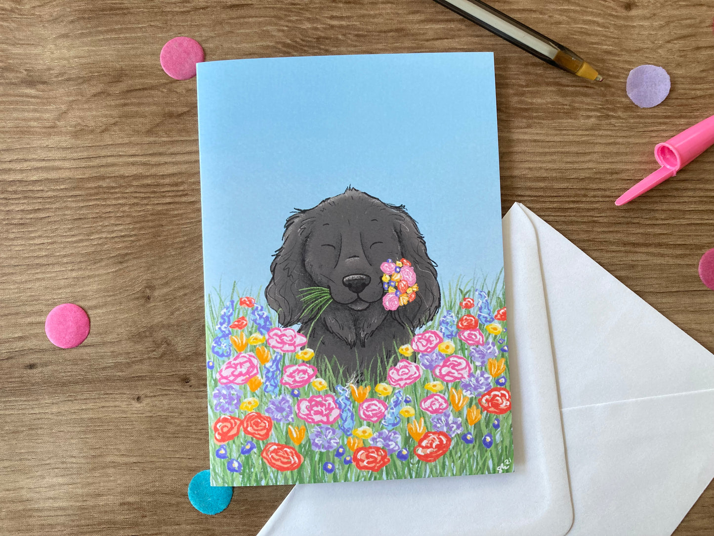 Spring Spaniel | Cute Black Spaniel Blank Greeting Card | Summer Dog Gift