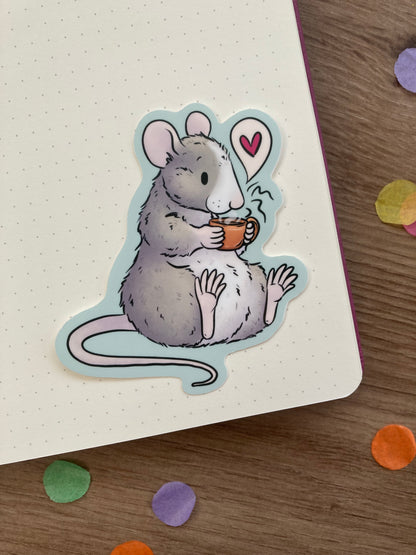 Cosy Coffee Rat Vinyl Sticker | Whimsical Autumn Animal Art | Rat Gift
