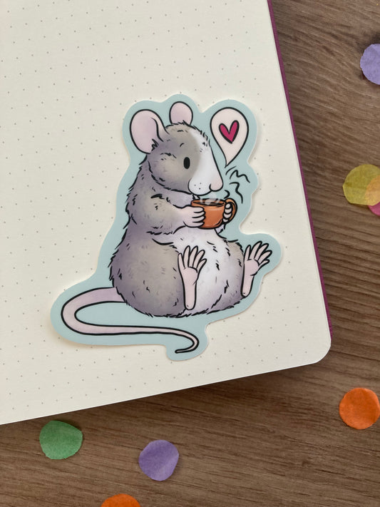 Cosy Coffee Rat Vinyl Sticker | Whimsical Autumn Animal Art | Rat Gift