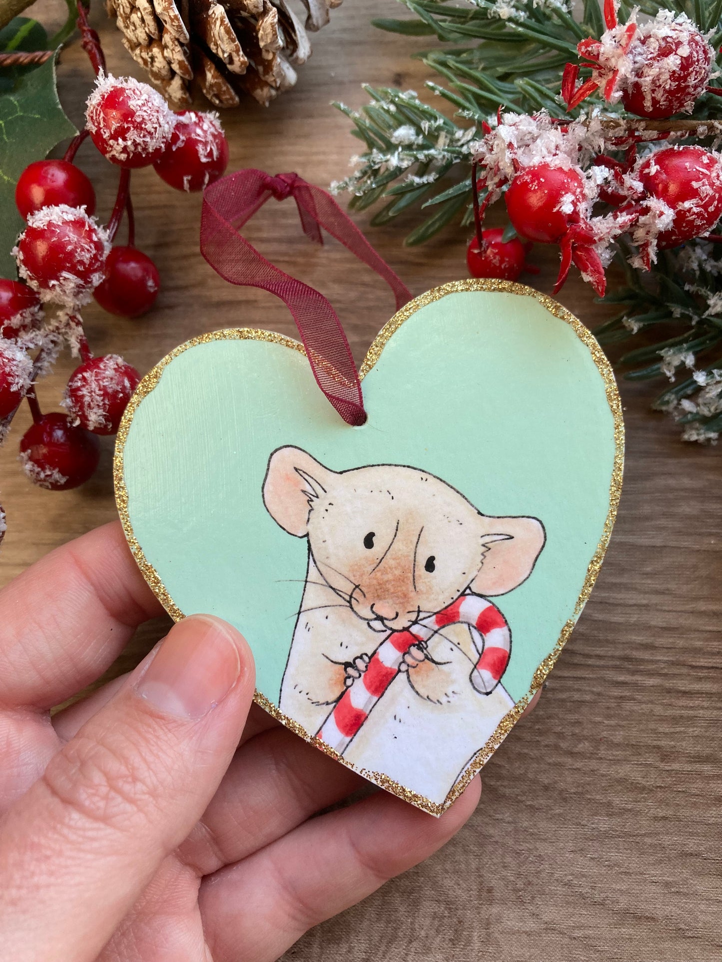 Candy Cane Heart Christmas Tree Decoration - Hanging Heart Rat Decoration - Cute Rat Hanging Christmas Tree Decoration
