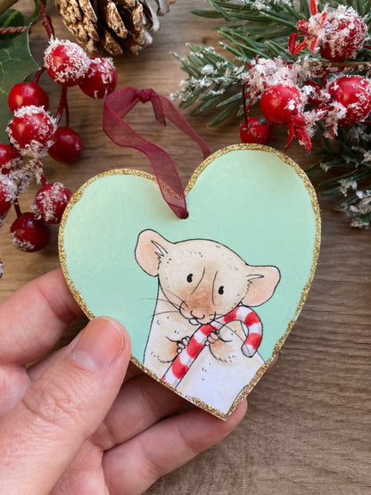 Candy Cane Heart Christmas Tree Decoration - Hanging Heart Rat Decoration - Cute Rat Hanging Christmas Tree Decoration