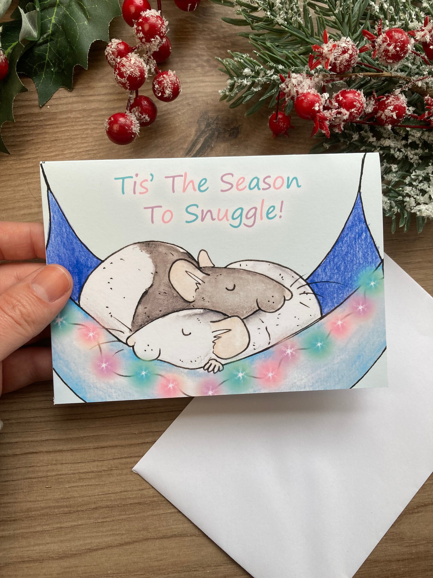 The season to snuggle fancy rat A6 Christmas card, cute pet rat blank greeting card, gift for rat lovers
