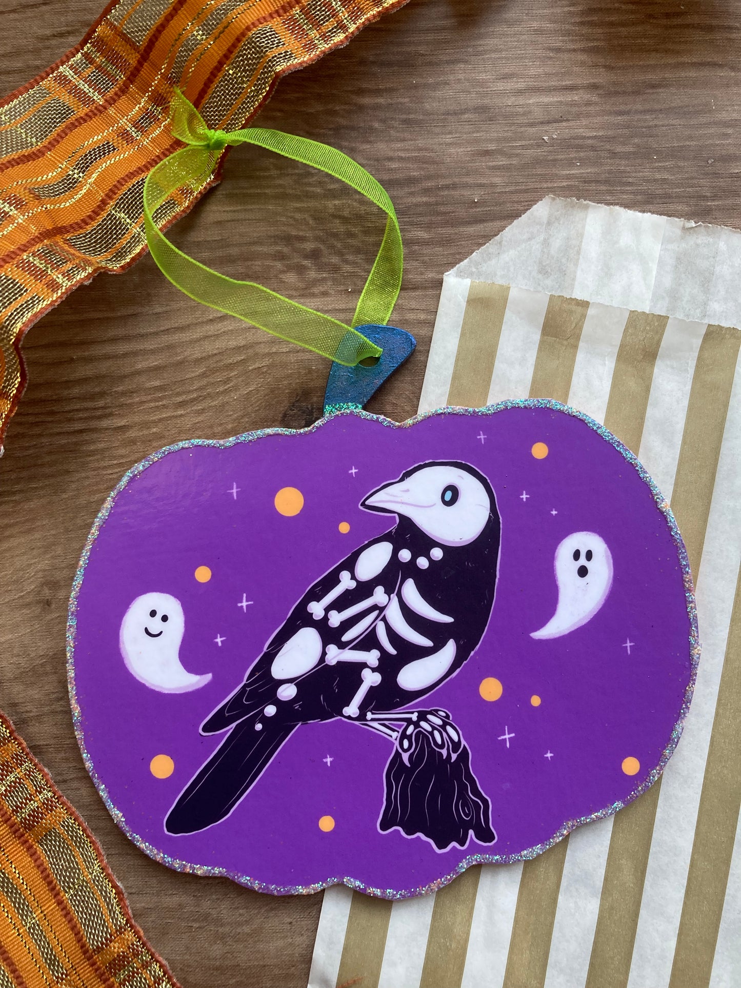 Trick The Crow Spooky Gang Pumpkin Halloween Decoration - Handmade Pumpkin Halloween Ornament - Cute Spooky Crow Art
