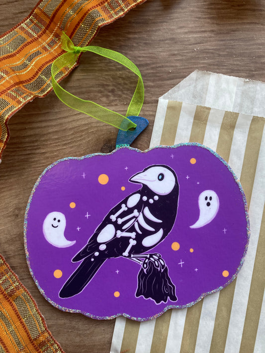 Trick The Crow Spooky Gang Pumpkin Halloween Decoration - Handmade Pumpkin Halloween Ornament - Cute Spooky Crow Art