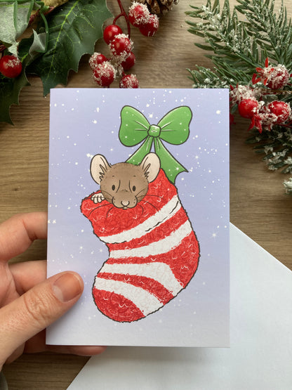 Hammy Stocking A6 Christmas Card - Hamster Blank Greeting Card - Christmas Hamster Card
