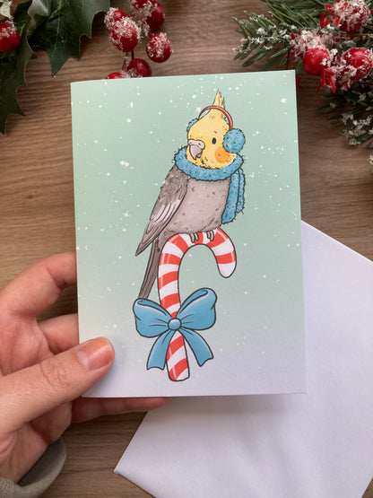Candy Cane Cockatiel A6 Christmas Card - Blank A6 Cockatiel Greeting Card - Cute Cockatiel Gift