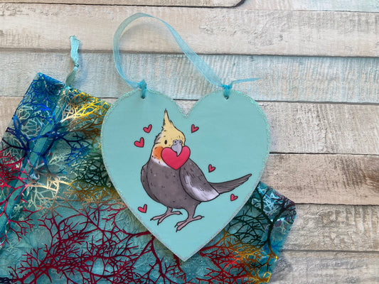 Cockatiel Love Heart | Cute Cockatiel Hanging Heart Decoration | Cocktail Valentine’s Day Gift