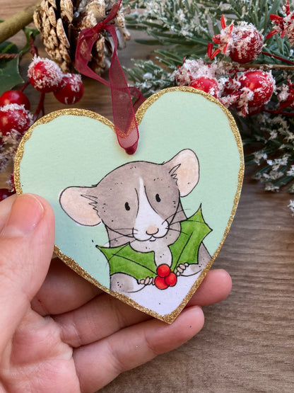 Holly Rat Christmas Tree Decoration - Cute Rat Heart Hanging Tree Ornament - Pet Rat Wooden Heart Tree Ornament