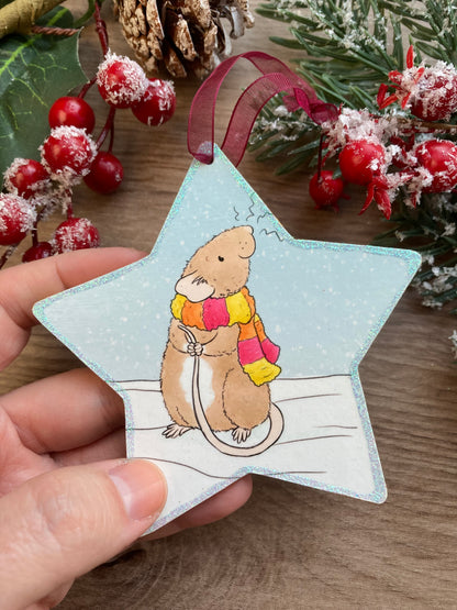 Christmas Ratty Scarf Star Tree Decoration - Cute Rat Christmas Hanging Tree Ornament - Fun Rat Christmas Gift