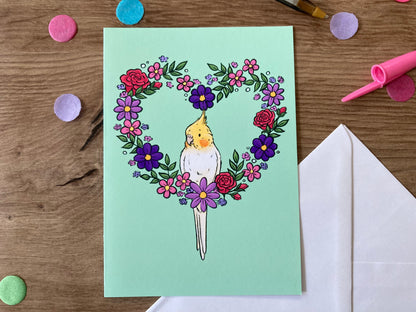 Cockatiel Flower Heart | Cute Cockatiel Blank Greeting Card | Cockatiel Gift