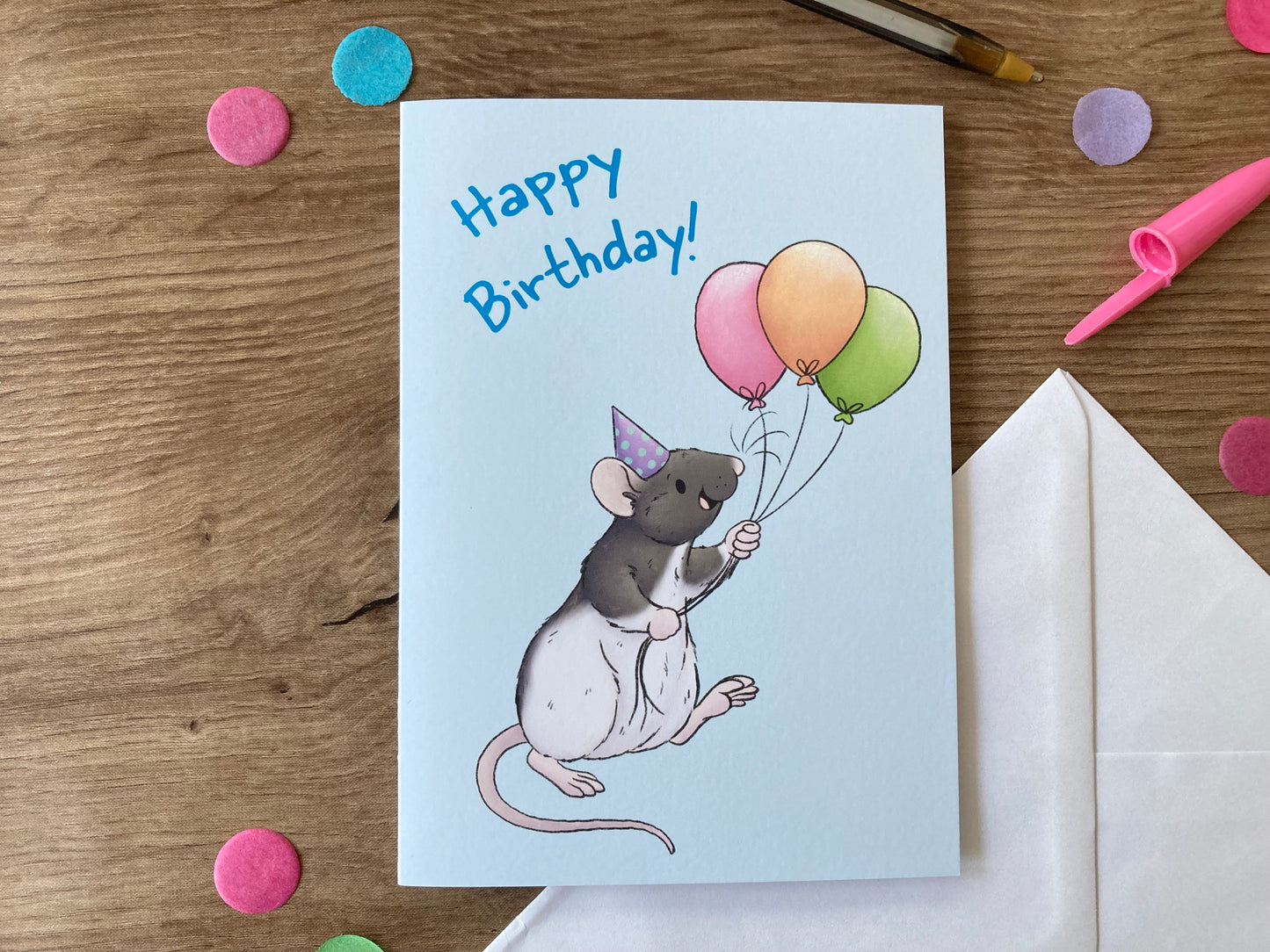Ratty Birthday Balloons | Cute Hooded Rat Birthday Card | Rat Birthday Celebration