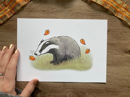 Autumn Badger Artwork | Happy Autumn Badger Art Print