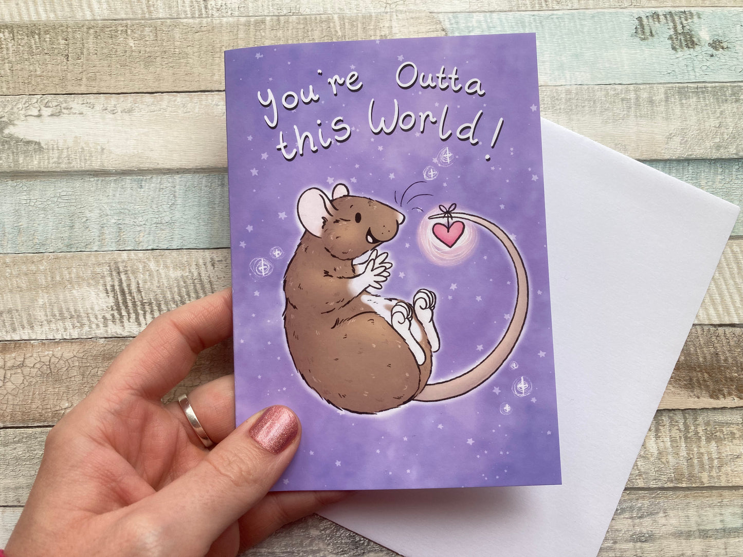 You're outta this world pet rat Valentine's Day card, A6 love card, white envelope, watercolour, galaxy design, fun fancy rat card