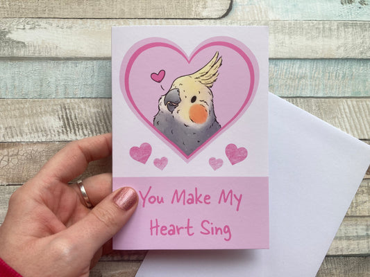 You make my heart sing | cockatiel A6 greeting card, bird Valentine's Day card, animal card