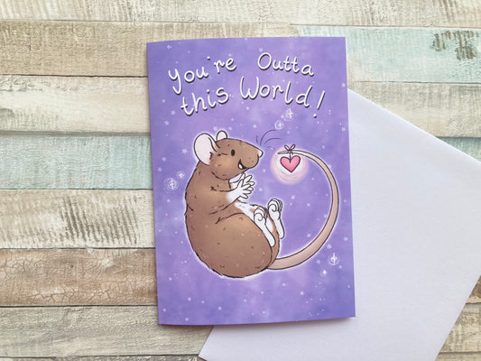 You're outta this world pet rat Valentine's Day card, A6 love card, white envelope, watercolour, galaxy design, fun fancy rat card
